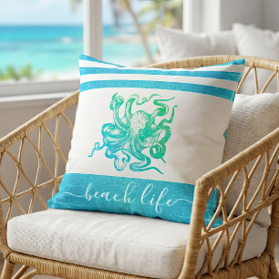 Turquoise blue green octopus beach life script  cushion