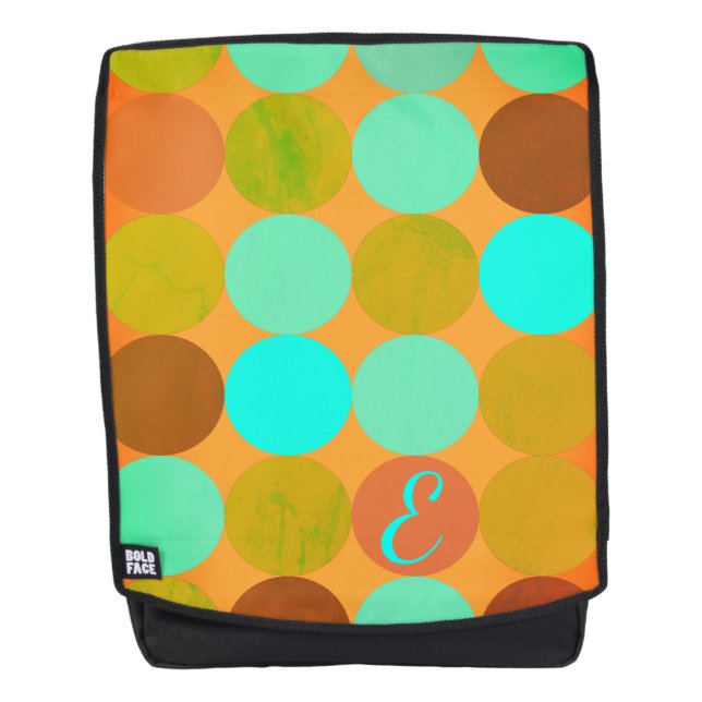 Turquoise Blue Green & Orange Circles Monogram Backpack (Front)