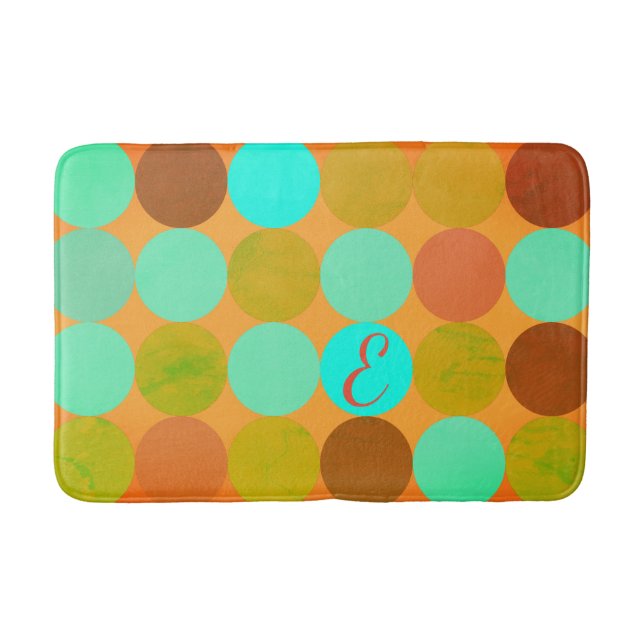 Turquoise Blue Green & Orange Circles Monogram Bath Mat (Front)