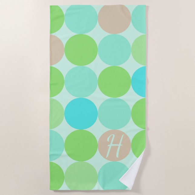 Turquoise Blue Green & Orange Circles Monogram Beach Towel (Front)