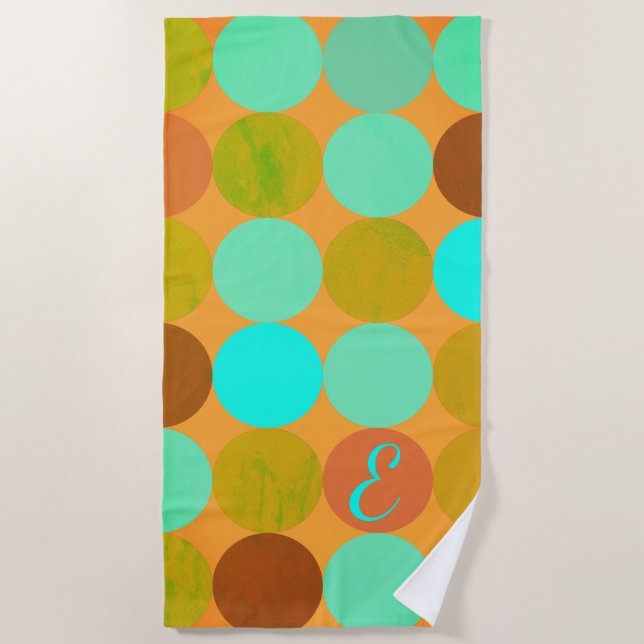 Turquoise Blue Green & Orange Circles Monogram Beach Towel (Front)
