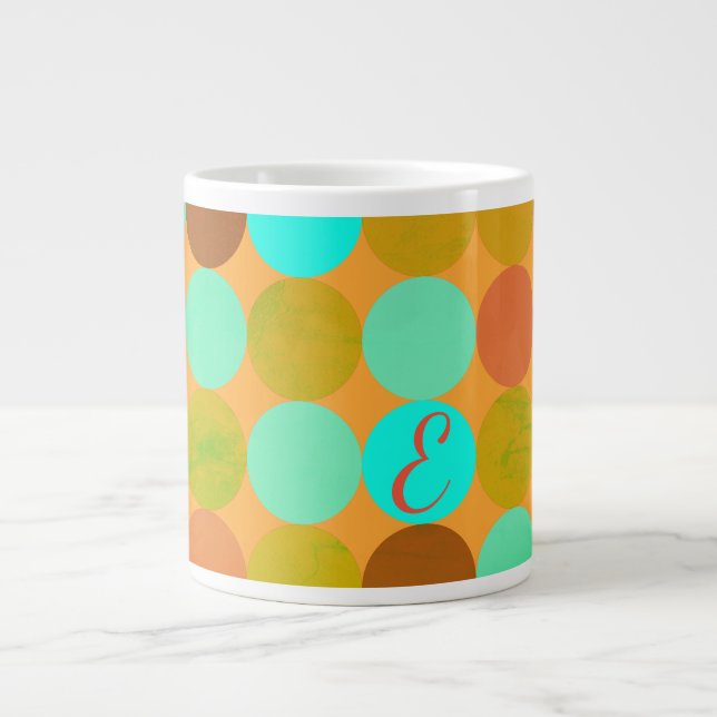 Turquoise Blue Green & Orange Circles Monogram Large Coffee Mug (Front)