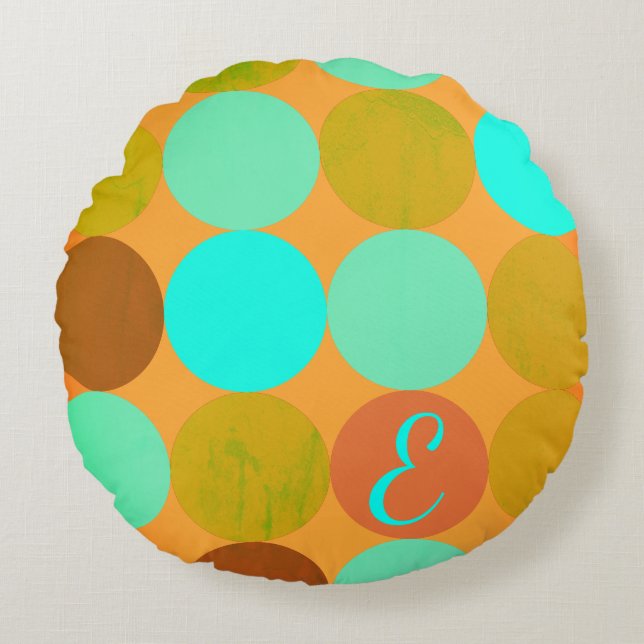 Turquoise Blue Green & Orange Circles Monogram Round Cushion (Front)