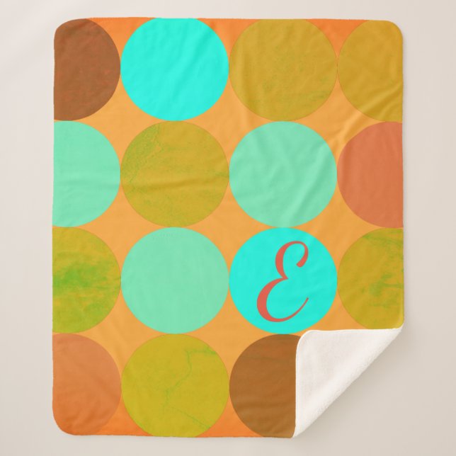 Turquoise Blue Green & Orange Circles Monogram Sherpa Blanket (Front)