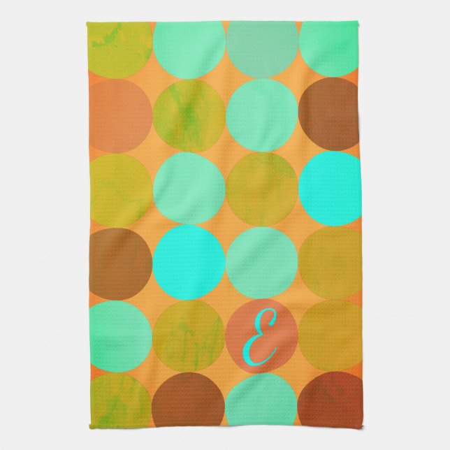 Turquoise Blue Green & Orange Circles Monogram Tea Towel (Vertical)