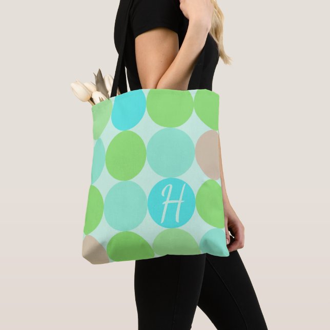 Turquoise Blue Green & Orange Circles Monogram Tote Bag (Close Up)