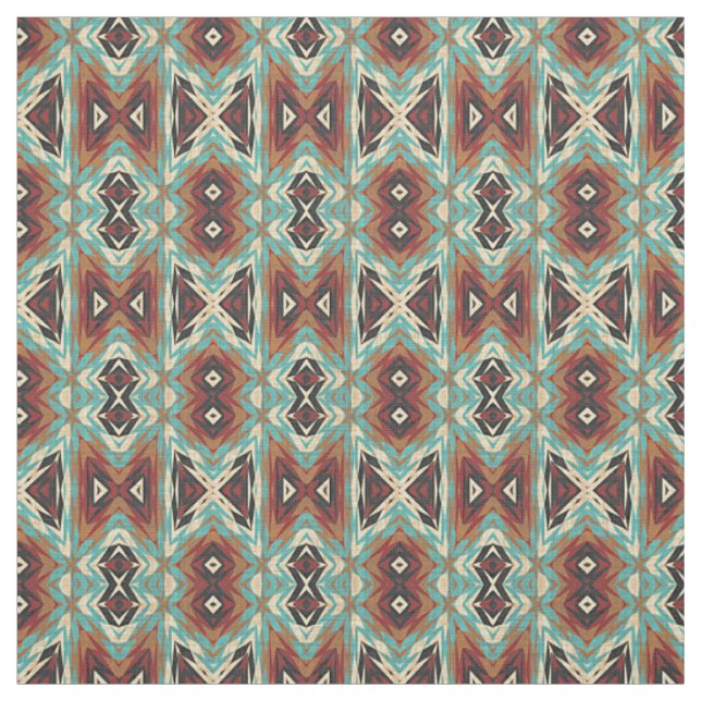 Turquoise Blue Green Orange Tribal Mosaic Pattern Fabric (Swatch)