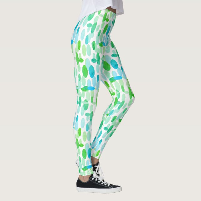 Turquoise Blue Green Oval Spots Pattern Leggings (Right)