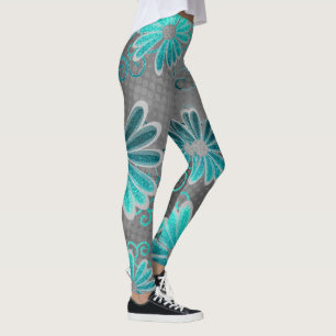 Turquoise Blue Grey Ombre Glitter Daisy Sparkles Leggings