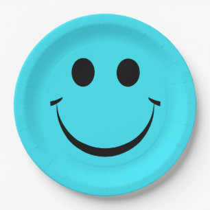 Turquoise Blue Happy Face Birthday Cute Paper Plate