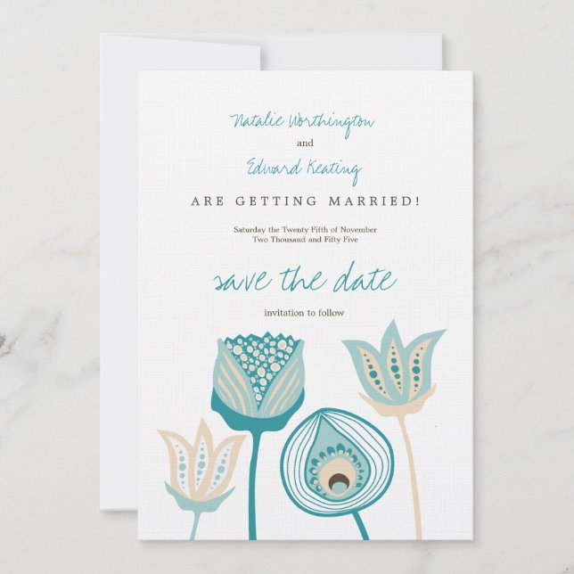 Turquoise Blue & Ivory Funky Flowers Save the Date (Front)