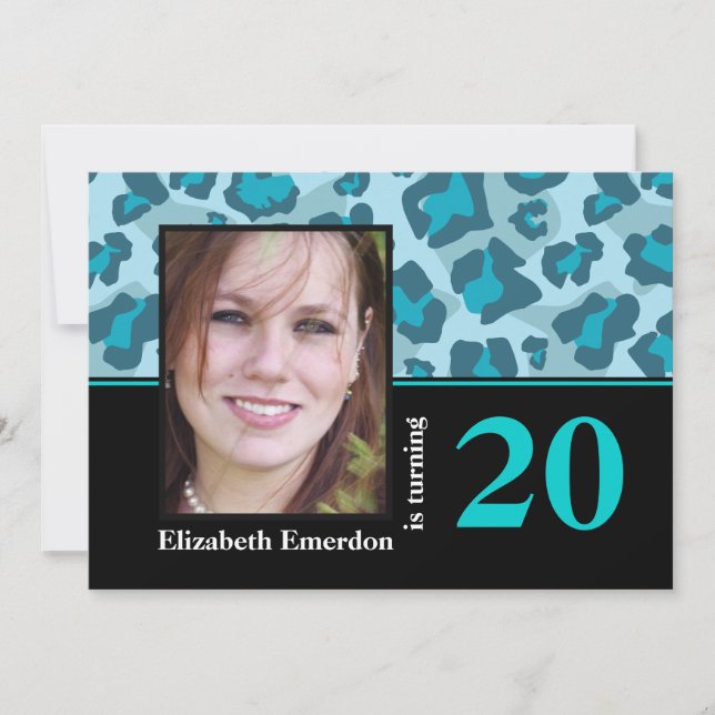 Turquoise blue leopard print 20th birthday photo invitation (Front)