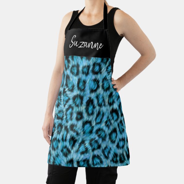 Turquoise Blue Leopard Spots Fur Monogram Apron (Insitu)