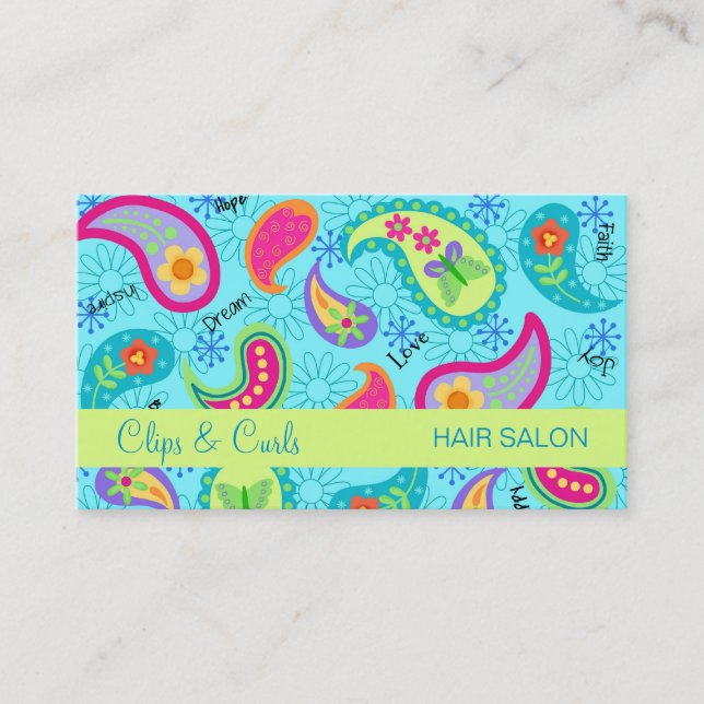 Turquoise Blue Lime Green Modern Paisley Pattern Business Card (Front)