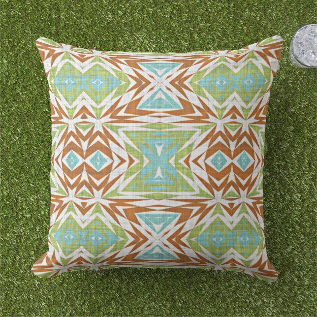 Turquoise Blue Lime Green Orange White Tribal Art Cushion (Grass)