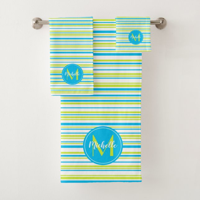 Turquoise blue lime green stripes Name Monogram Bath Towel Set (Insitu)