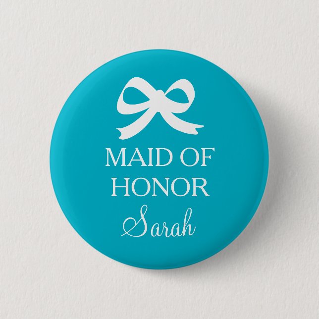 Turquoise blue Maid of honour button for wedding (Front)