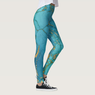 Turquoise Blue Marble Gold Metallic Stone Leggings