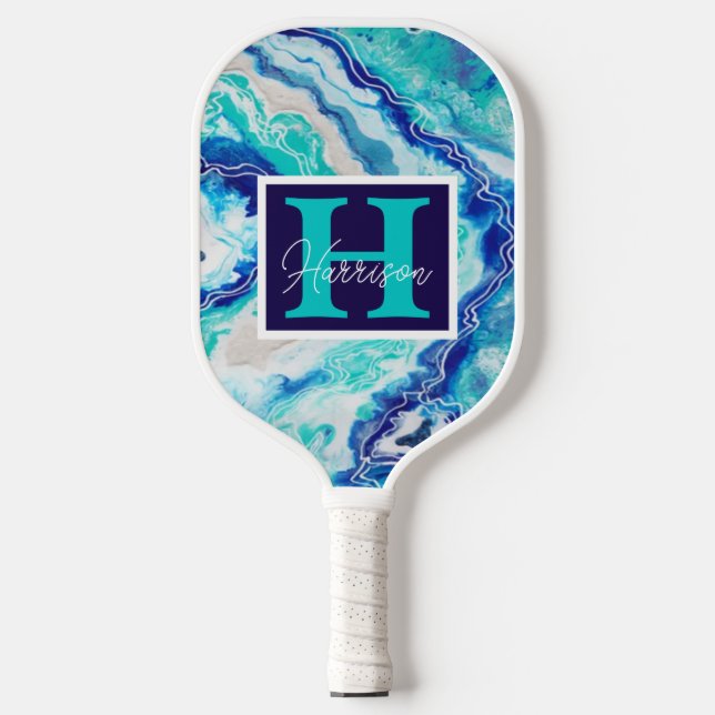 Turquoise Blue Marble Monogram Name Personalised Pickleball Paddle (Front)