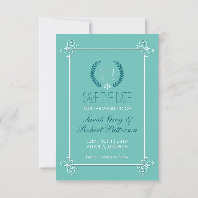 Turquoise Blue Mediaeval Wedding Save The Date Car (Front)
