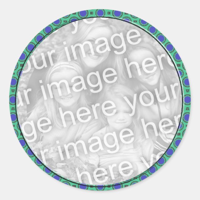 turquoise blue mod dots photo frame classic round sticker (Front)