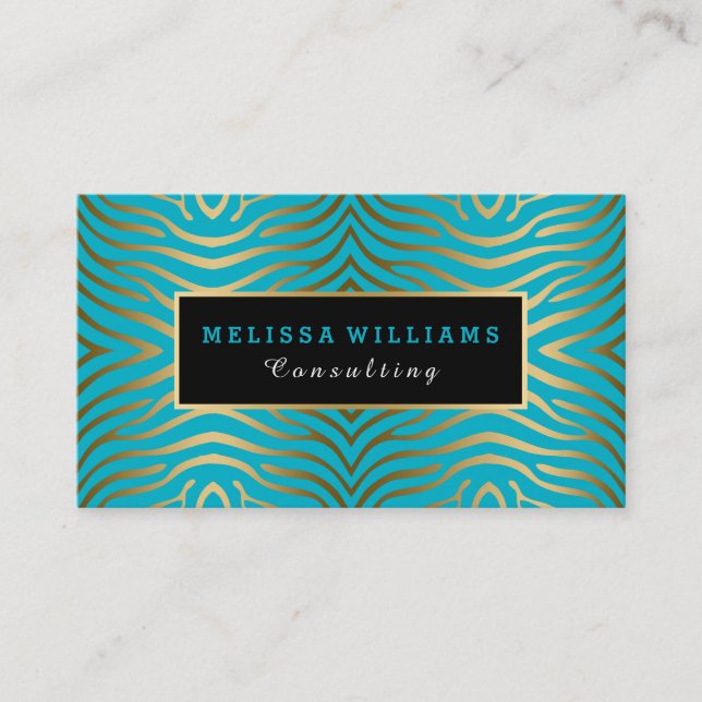 Turquoise Blue & Modern Gold Zebra Stripes Business Card (Front)