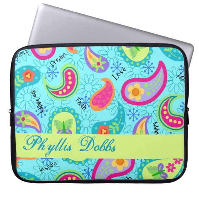 Turquoise Blue Modern Paisley Graphic Pattern Laptop Sleeve (Front)