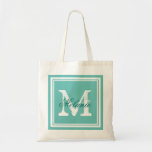 Turquoise blue monogram wedding party tote bags<br><div class="desc">Custom turquoise blue monogrammed wedding party tote bags. Personalised name monogram tote bag | Customisable colour background. Elegant logo design with letter initials and fancy border frame. Cute vintage gift idea for bride and brides entourage. Make your own for trendy bridesmaid, maid of honour, flower girls, mother of the bride,...</div>