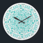 Turquoise Blue Mosaic Fresh White Boho Mandala Large Clock<br><div class="desc">Beautiful clock with an original turquoise blue and grey mosaic style boho bohemian mandala on a white background.</div>