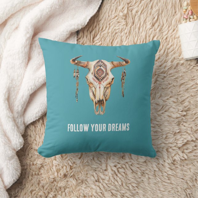 Turquoise Blue Native Tribal Bull Horns Skull  Cushion (Blanket)