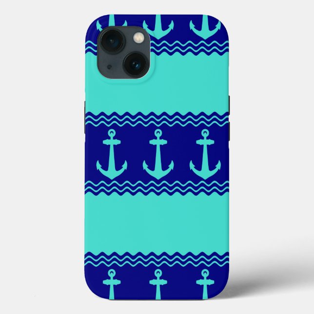 Turquoise Blue Nautical Anchor Coastal Stripes Case-Mate iPhone Case (Back)