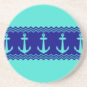 Turquoise Blue Nautical Anchor Coastal Stripes Coaster