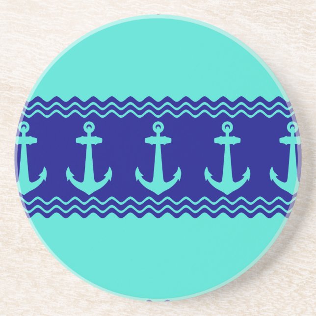 Turquoise Blue Nautical Anchor Coastal Stripes Coaster (Front)