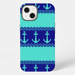 Turquoise Blue Nautical Anchor Coastal Stripes iPhone 13 Case