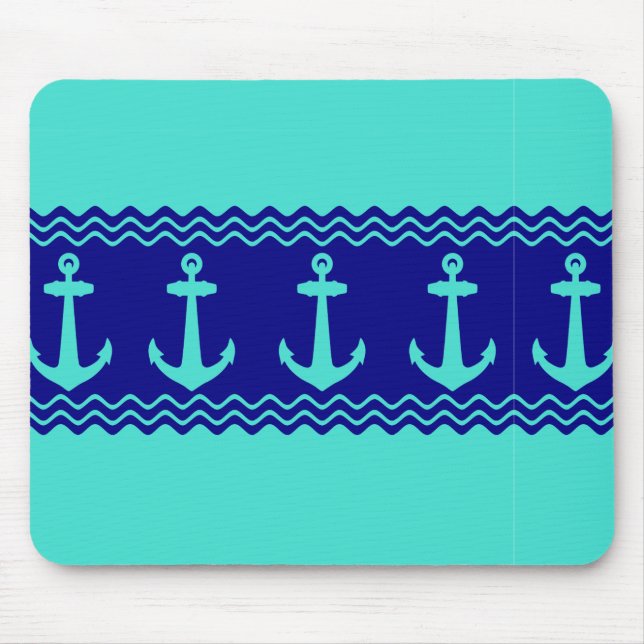 Turquoise Blue Nautical Anchor Coastal Stripes Mouse Pad (Front)