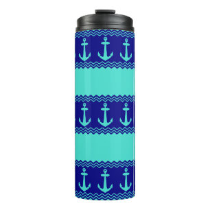 Turquoise Blue Nautical Anchor Coastal Stripes Thermal Tumbler