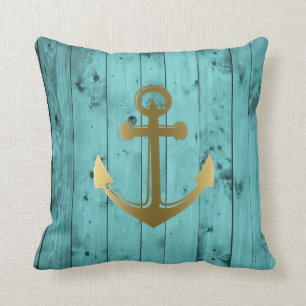 Turquoise Blue Nautical Anchor Wood Teal Gold Cushion