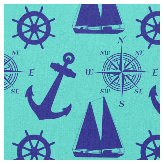 Turquoise Blue Nautical Coastal Boating Fabric (Close Up)