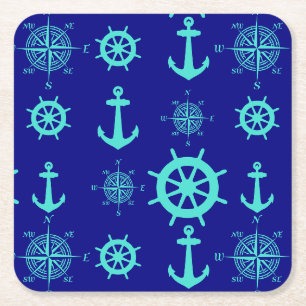 Turquoise Blue Nautical Coastal Boating Square Paper Coaster
