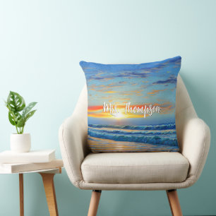 Turquoise blue ocean at sunset cushion