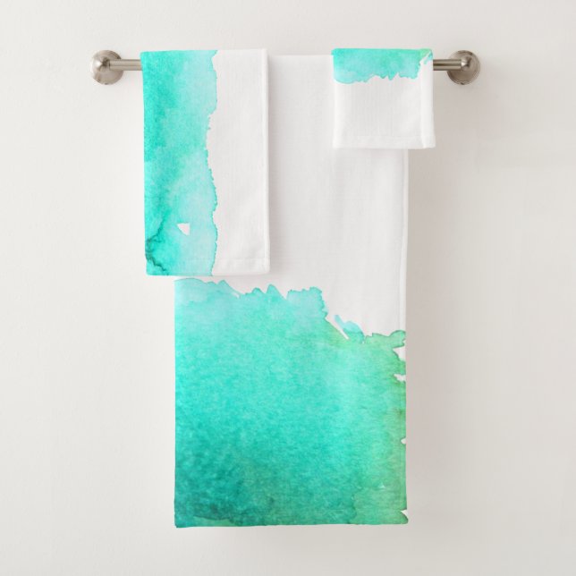 Turquoise blue ocean beach theme watercolor bath towel set (Insitu)