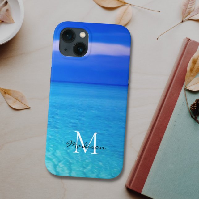 Turquoise Blue Ocean Custom Name Monogram iPhone Case (Creator Uploaded)