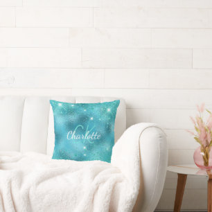 Turquoise blue ocean metallic glitter monogram cushion