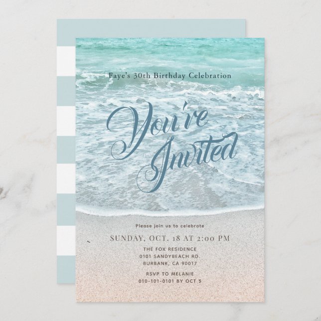 Turquoise Blue Ocean Sandy Beach Birthday Invitation (Front/Back)
