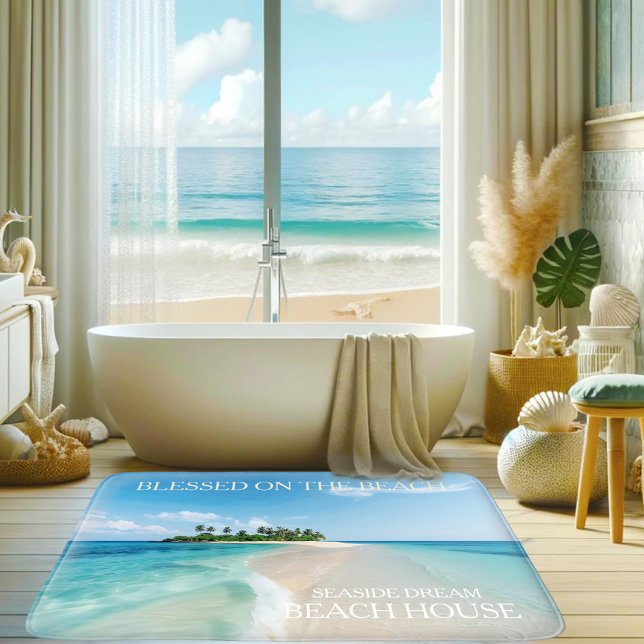 Turquoise Blue Ocean Tropical Beach  Bath Mat (Bath mat featuring a tropical paradise island in a turquoise blue ocean with a sandy beach)