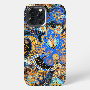 Turquoise Blue Orange Black Paisley Floral Art iPhone 13 Pro Max Case