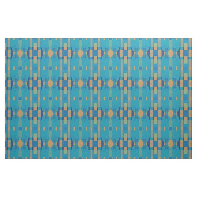 Turquoise Blue Orange Geometric Plaid Pattern Fabric (Yard)