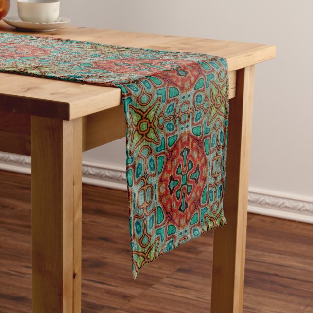 Turquoise Blue Orange Red Green Bohemian Bali Art Short Table Runner (In Situ)