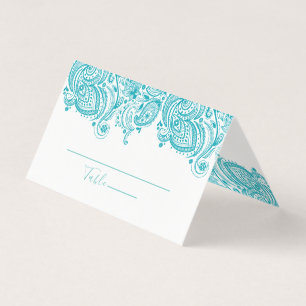 Turquoise-Blue Paisley Lace Place Card