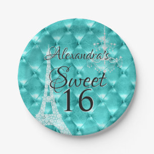Turquoise Blue Paris Sweet Sixteen Birthday Party Paper Plate